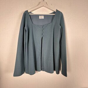 SABO Blue Ribbed Cardigan Large Square Neck Long Sleeve Button Front AU Design